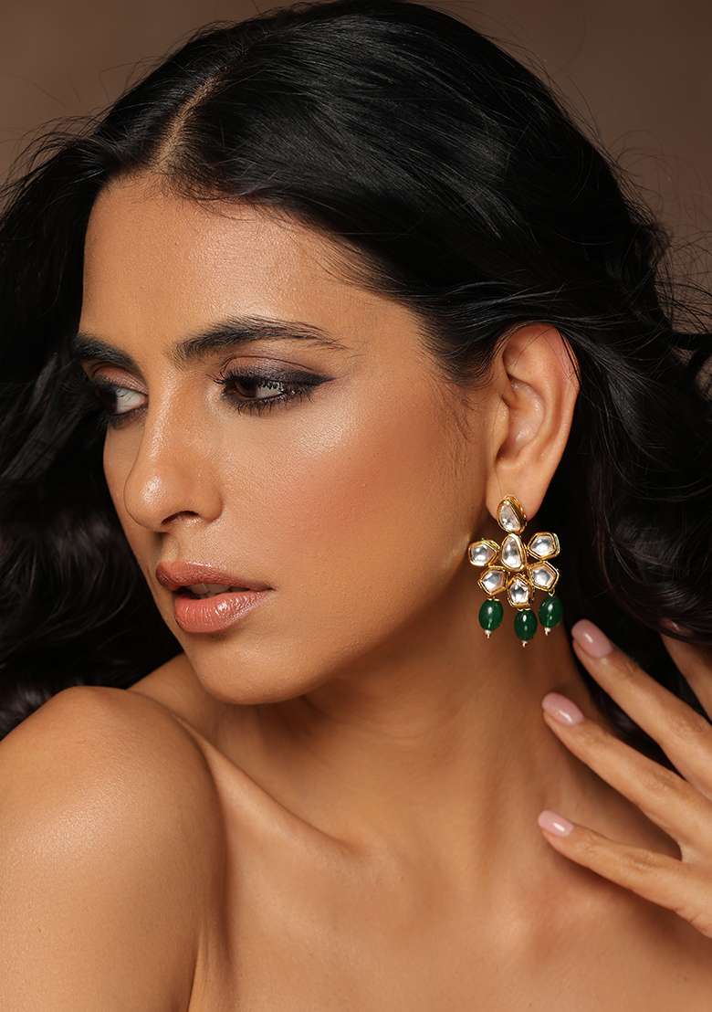 Dark Green Gold Tone Kundan Earrings - Indya