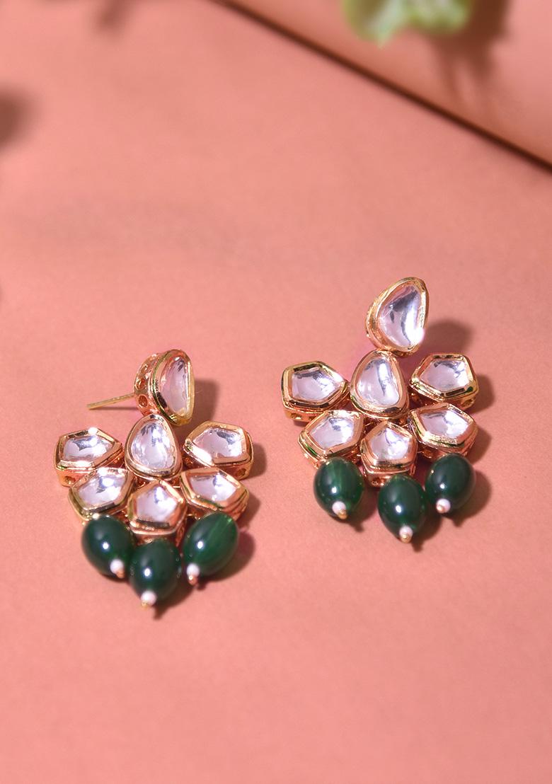 Dark Green Gold Tone Kundan Earrings