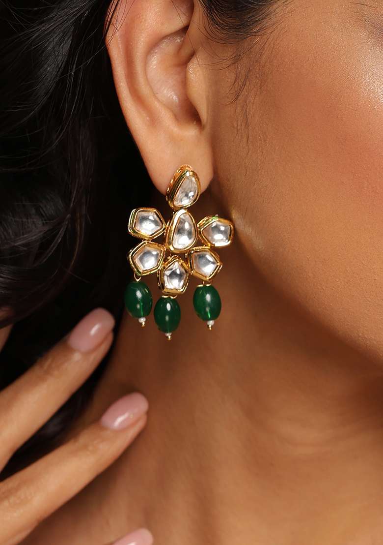 Dark Green Gold Tone Kundan Earrings - Indya