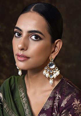 Gold Tone Kundan Pearl Chandbali Earrings