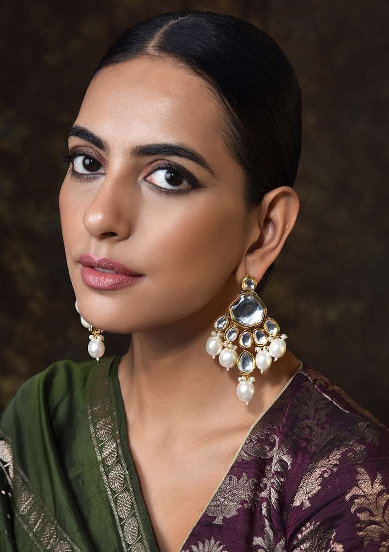 Gold Tone Kundan Pearl Chandbali Earrings - Indya