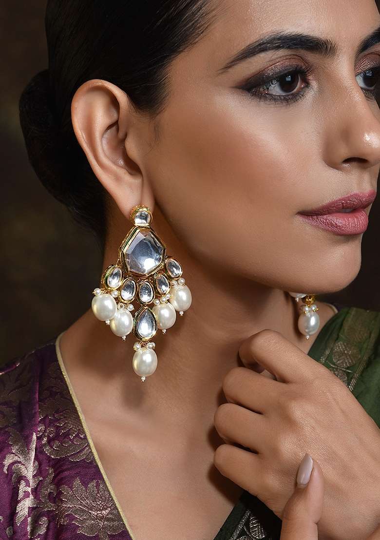 Gold Tone Kundan Pearl Chandbali Earrings - Indya