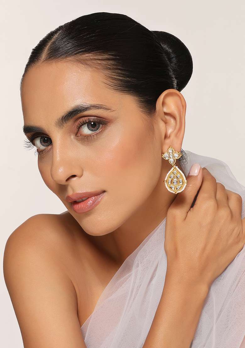 White Gold Tone Kundan Dangler Earrings - Indya