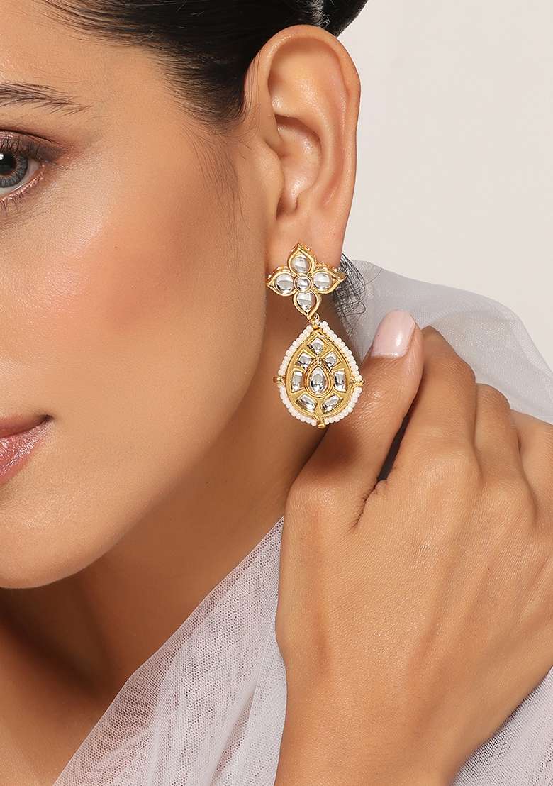 White Gold Tone Kundan Dangler Earrings - Indya