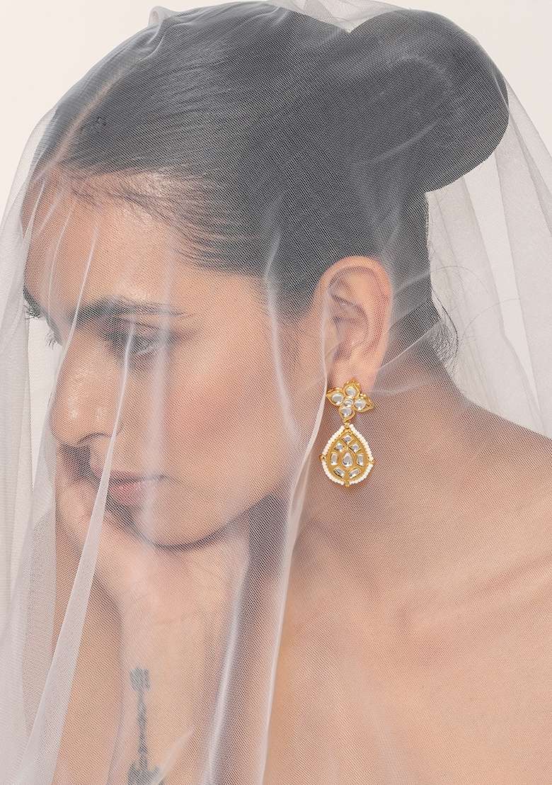 White Gold Tone Kundan Dangler Earrings - Indya