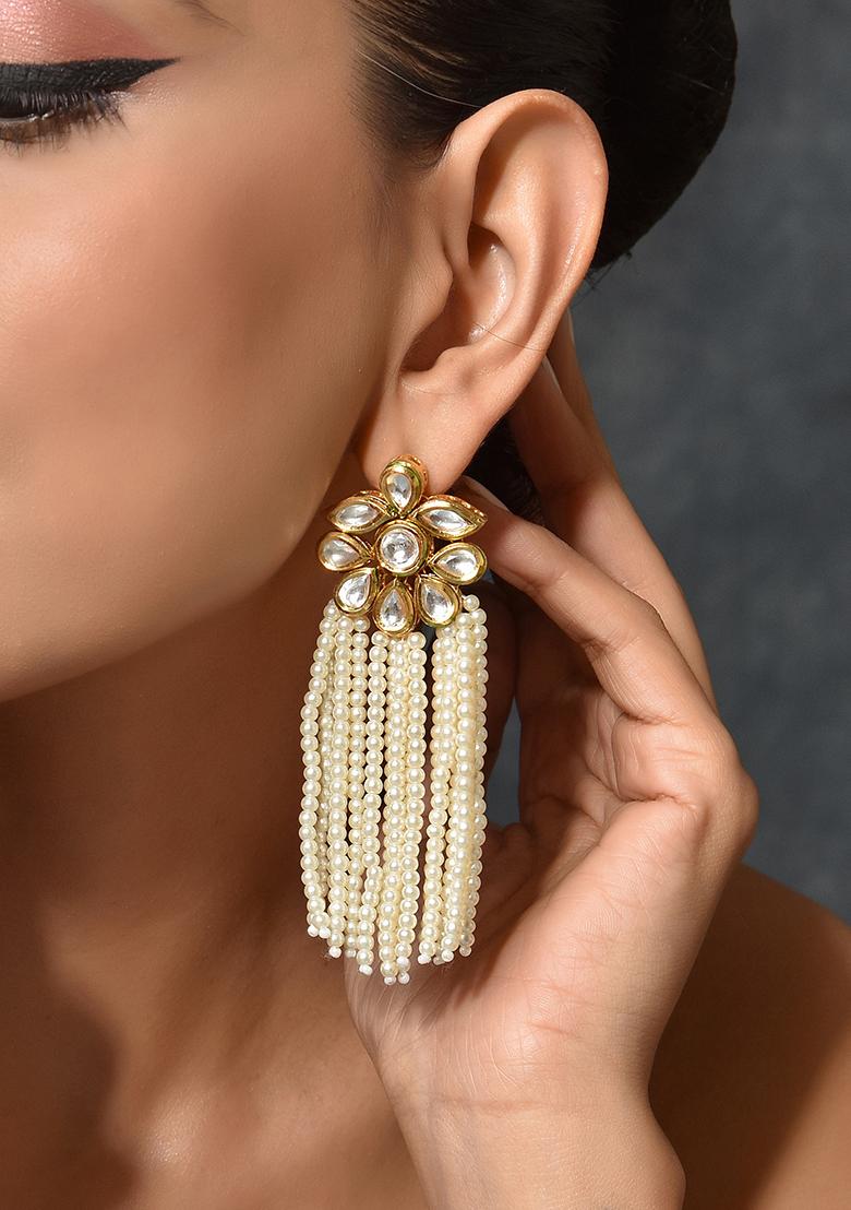 White Gold Tone Kundan Pearl Earrings