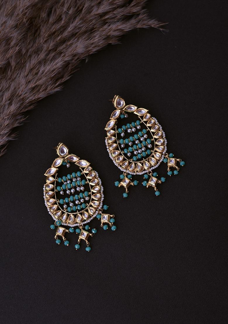 Mint Green Gold Tone Kundan Dangler Earrings - Indya