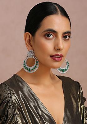 Green Silver Tone Zirconia Chandbali Earrings