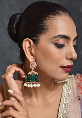Green Gold Tone Kundan And Pearl Jhumki Earrings