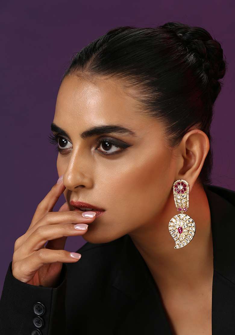 Purple Gold Tone Kundan Earrings - Indya