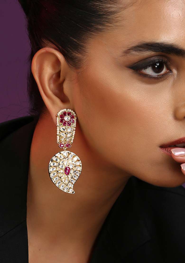 Purple Gold Tone Kundan Earrings - Indya
