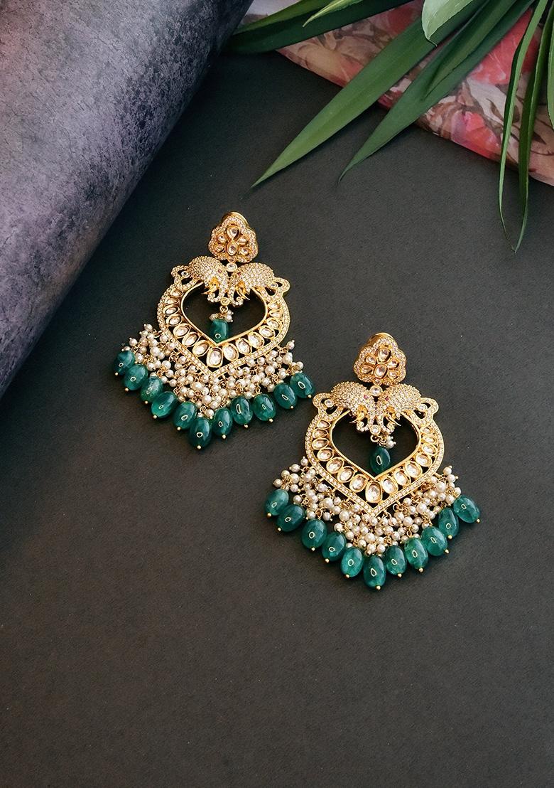 Green Gold Tone Kundan Chandbali Earrings - Indya