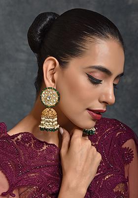 Green Gold Tone Kundan Jhumki Earrings
