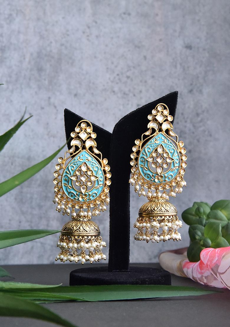 Light Blue Gold Tone Kundan Earrings - Indya
