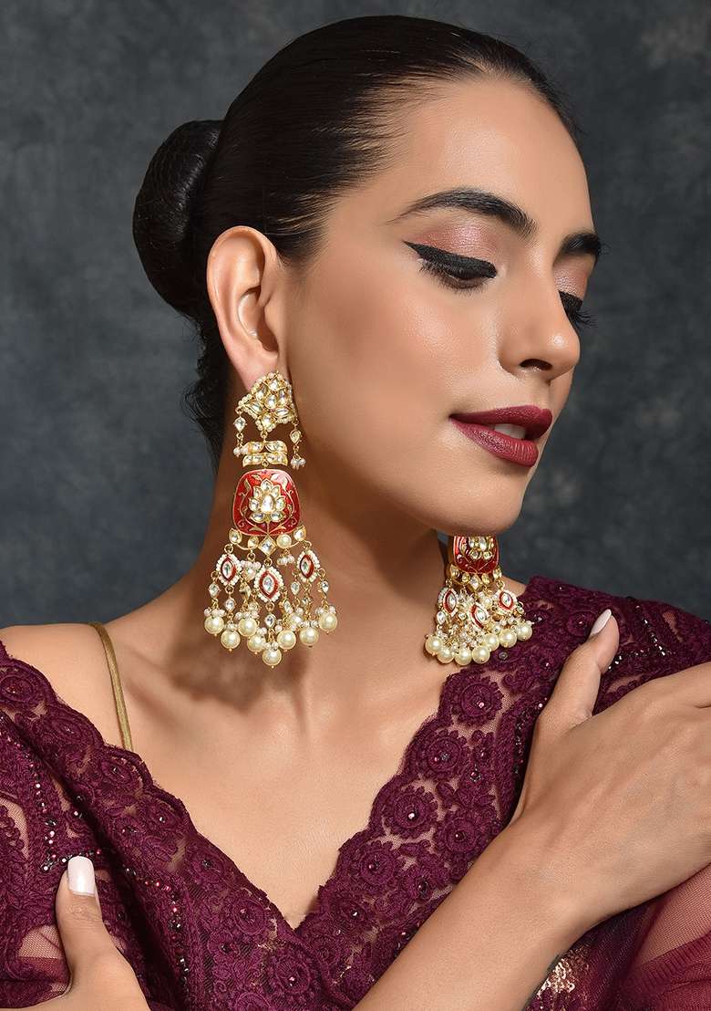 Red Gold Tone Meenakari Kundan Earrings - Indya