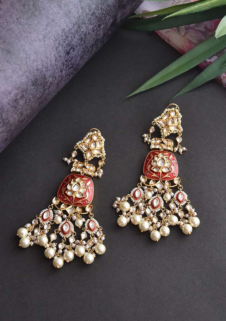 Red Gold Tone Meenakari Kundan Earrings - Indya