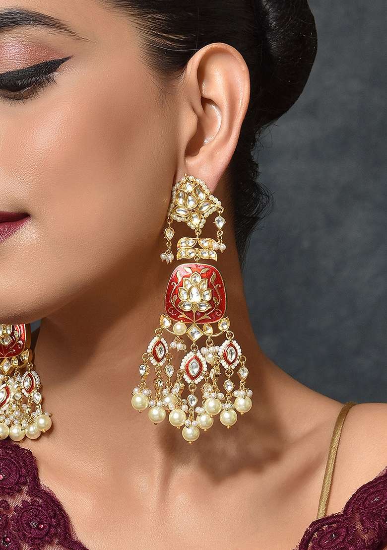 Red Gold Tone Meenakari Kundan Earrings - Indya