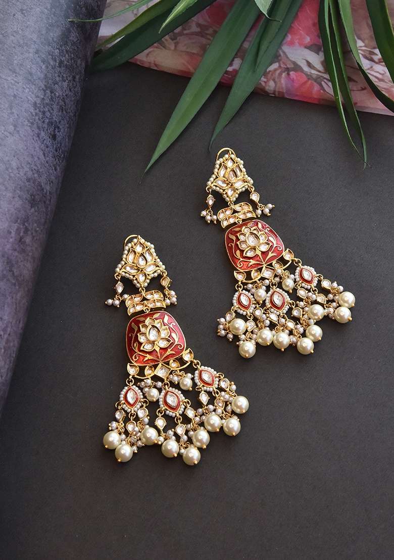 Red Gold Tone Meenakari Kundan Earrings - Indya