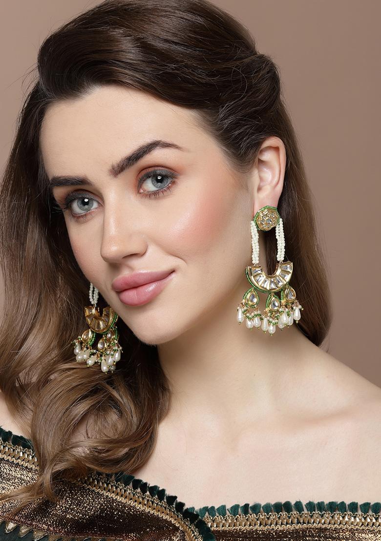 Green And Gold Kundan Drop Earrings - Indya