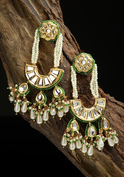 Green And Gold Kundan Drop Earrings
