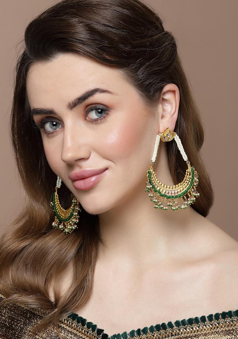 Gold And Green Kundan Drop Earrings - Indya