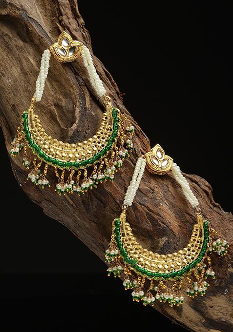 Gold And Green Kundan Drop Earrings