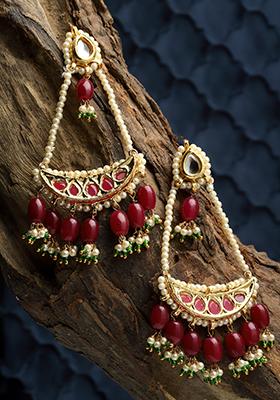 Gold And Red Pearl Kundan Drop Earrings