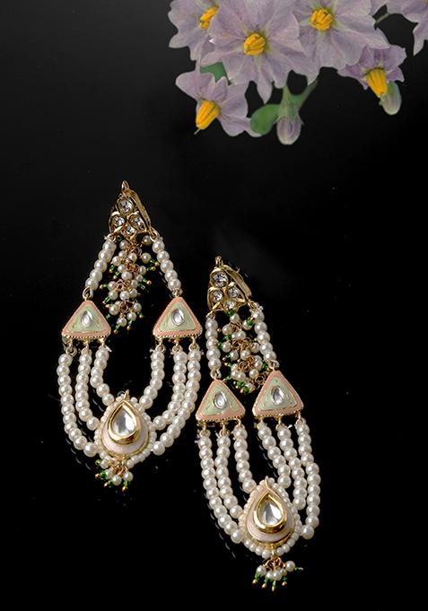 Peach Pearl And Kundan Drop Earrings