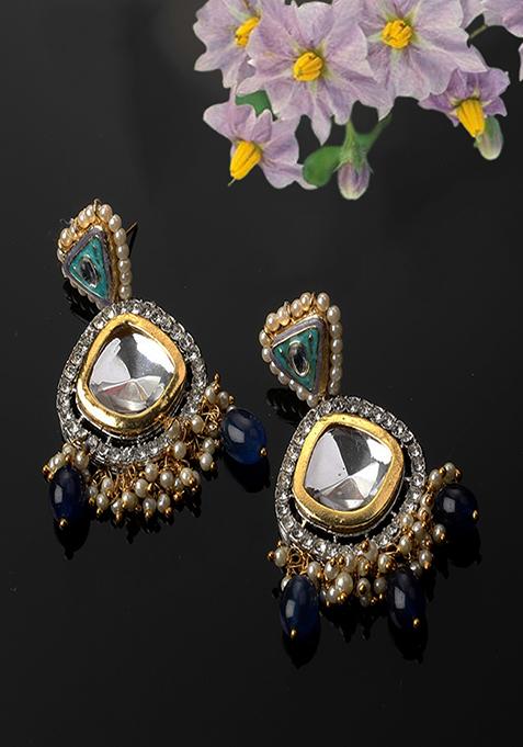 Blue Zirconia And Kundan Drop Earrings