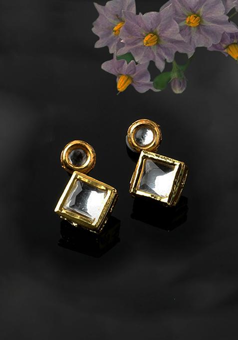 Gold And White Stone Kundan Drop Earrings