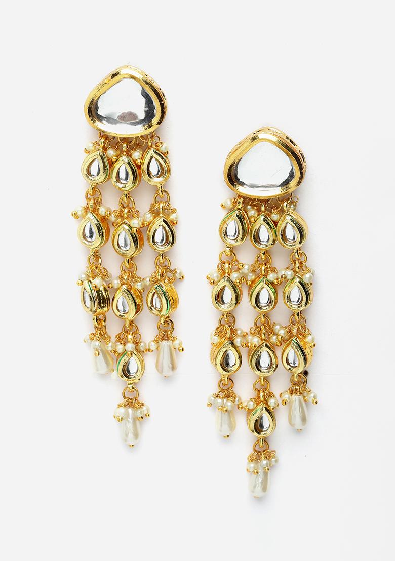 Gold And White Kundan Pearl Drop Earrings - Indya