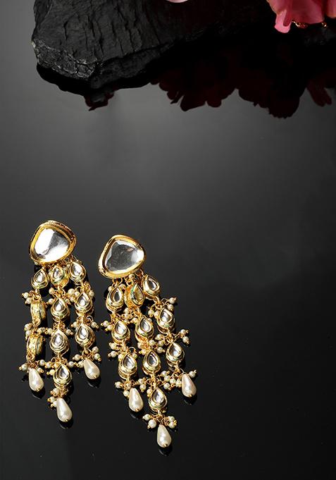Gold And White Kundan Pearl Drop Earrings