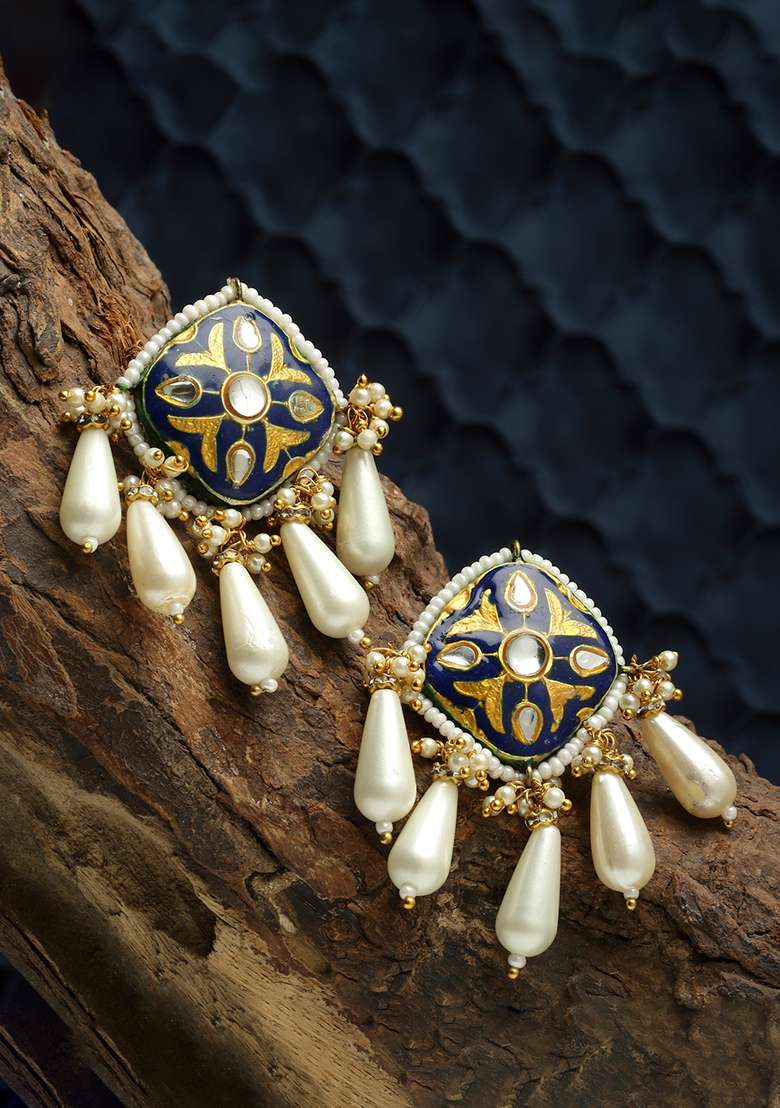 Blue And Gold Pearl Drop Earrings - Indya