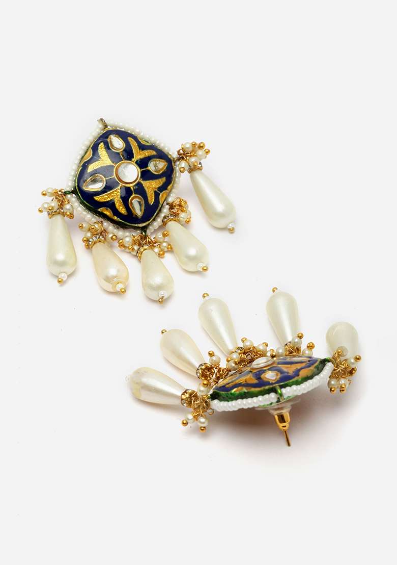 Blue And Gold Pearl Drop Earrings - Indya