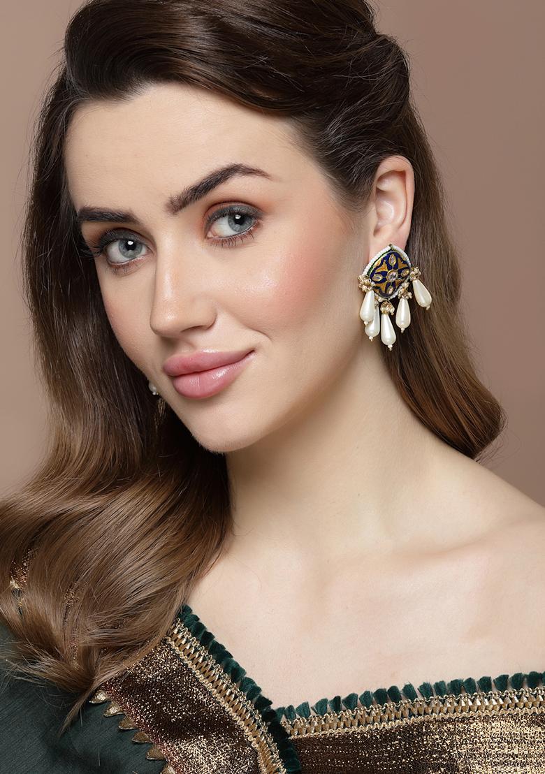 Blue And Gold Pearl Drop Earrings