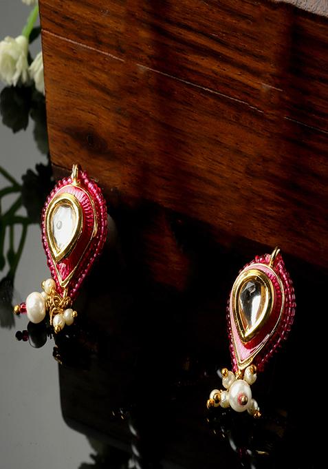 Pink Kundan And Pearl Drop Earrings