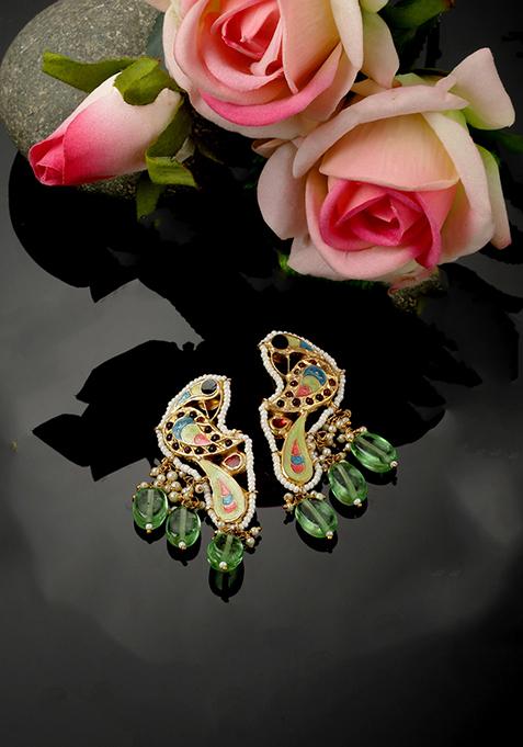 Peach And Green Pearl Kundan Drop Earrings