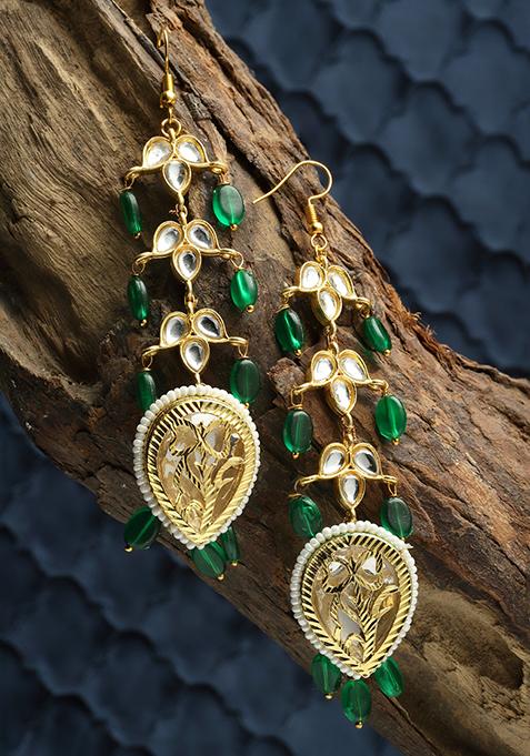 Gold And Green Pearl Kundan Long Earrings