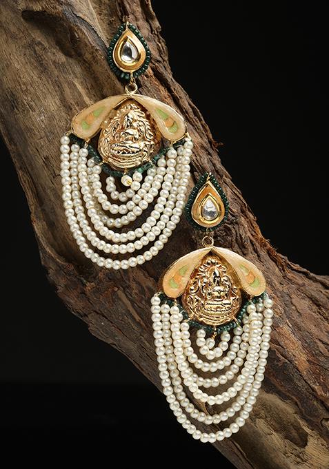 Peach And Ivory Pearl Kundan Earrings