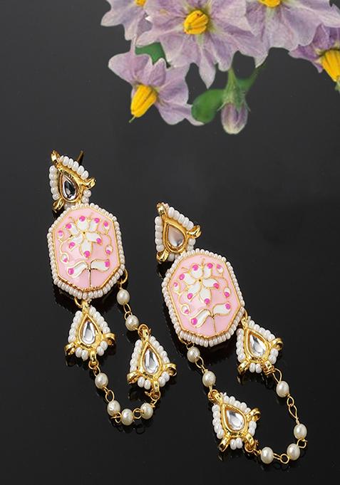 Pink And Gold Kundan Drop Earrings