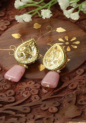 Pink And Gold Stone Kundan Drop Earrings