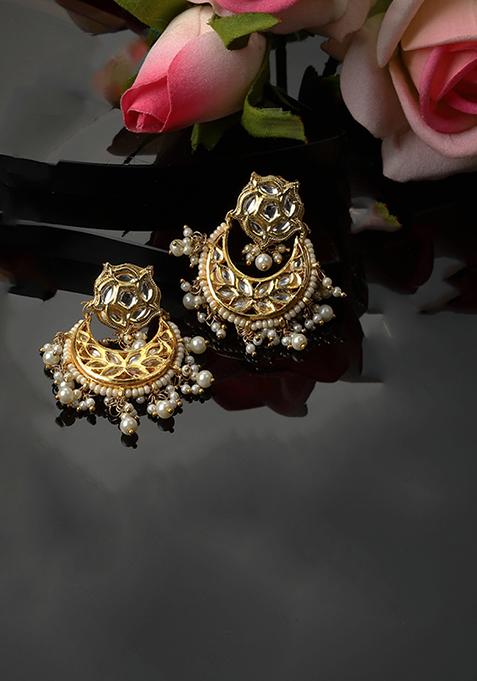 Gold And White Pearl Kundan Earrings
