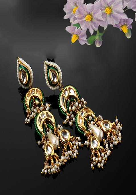 Green And Gold Kundan Long Earrings
