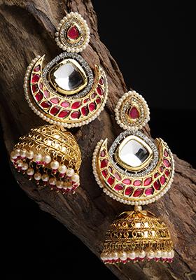 Red And Pink Kundan Jhumka Earrings