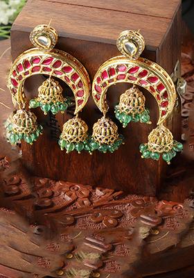 Red And Green Kundan Jhumka Earrings