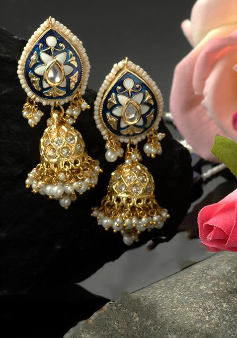 Blue And Gold Kundan Jhumka Earrings