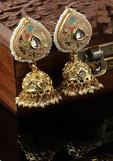 Peach And Green Kundan Jhumka Earrings