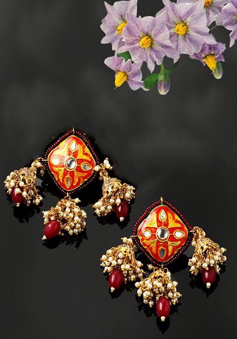 Red And Pink Kundan Pearl Jhumka Earrings