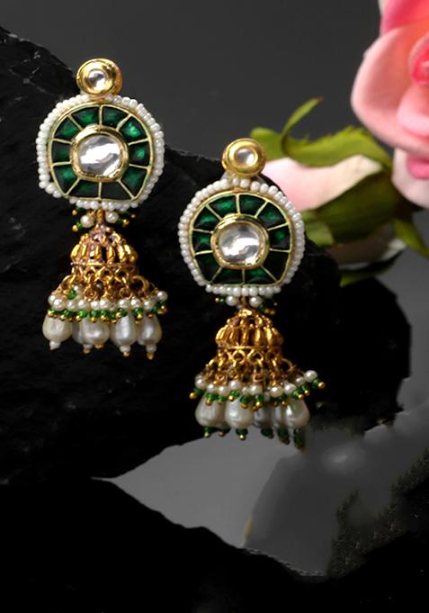 Green And Gold Kundan Pearl Jhumka Earrings