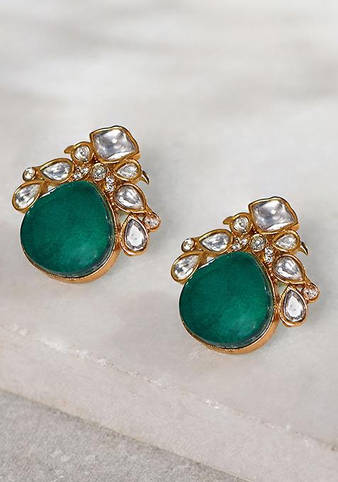 Green Onyx Polki Stud Earrings